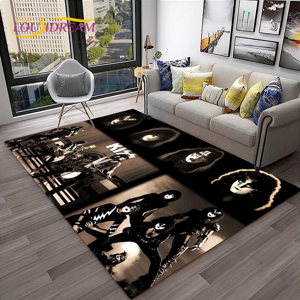 Retro Koberec KISS Rocková Kapela pro Domácí Obývací Pokoj Ložnici Hernu Pohovku Kuchyňskou Rohožku Dekor, Dětský Koberec Protiskluzová Podložka na Podlahu