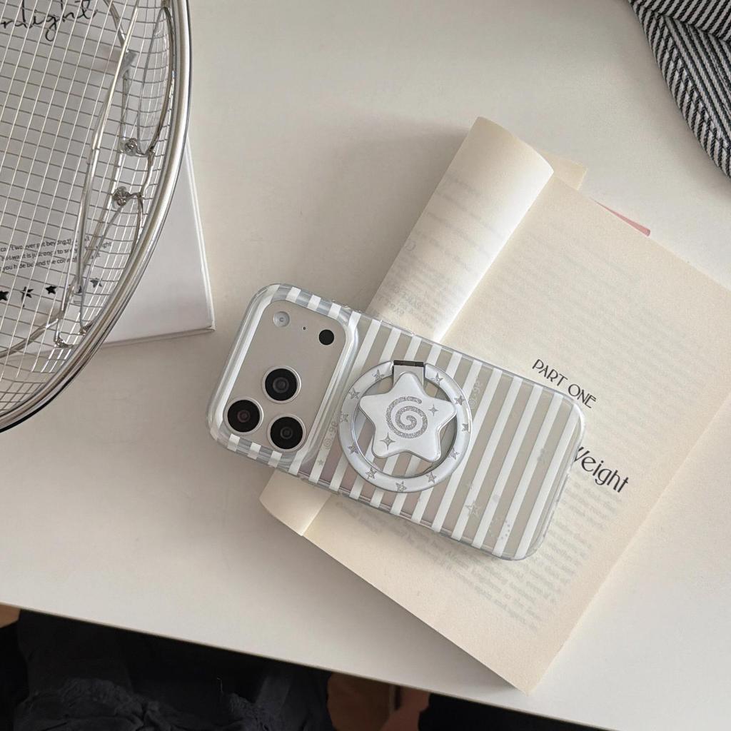 Korean Style Stripes & Stars Foldable Stand Case, Compatible with iPhone 15/16/17 Pro Max