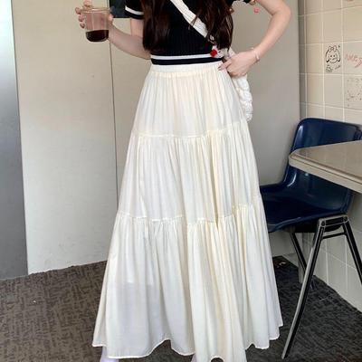 Sweet Petite Slimming Pleated Long Skirt: Lined, Layered, Solid Color, Waist-Cinching Half-Skirt for Women