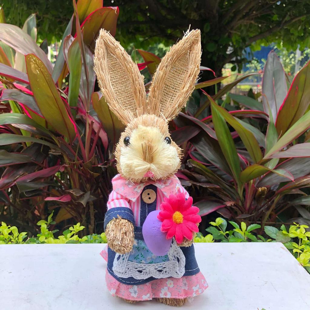 Easter Rabbit Decoration Straw Rabbit Ornament Creative Artificial Bunny Figure 25cm Home Holiday Cute with Flower Wreath