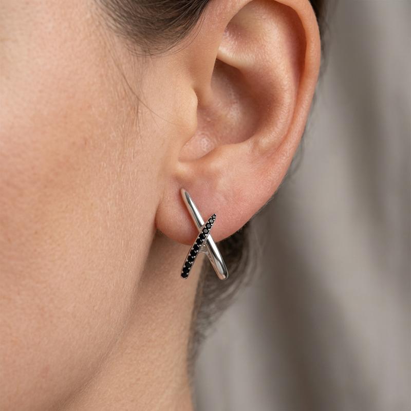 Copper Stud Earrings with Black CZ and Crisscross Design
