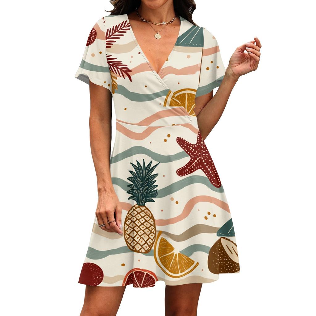 Women's Hawaiian Print Short Sleeve Dress V Neck Wrap Style for Vacation Outfits for Women and Spring Dresses for Women Sundresses for Women