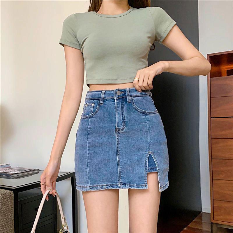 

Женская джинсовая миди-юбка Эластичная высокая талия Разрез на талии Облегающая бедра А-силуэта Короткая юбка 2XL