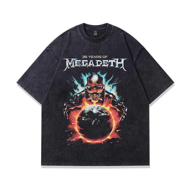 Men'S American Retro Rock Print Washed Old T-Shirt Vintage Trendy Brand Pure Cotton Half Sleeve Men