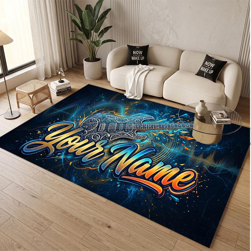 Music Guitar Theme Soft Crystal Velvet Rug Custom Name & Text Print Non Slip Floor Rug for Bedroom Living Room