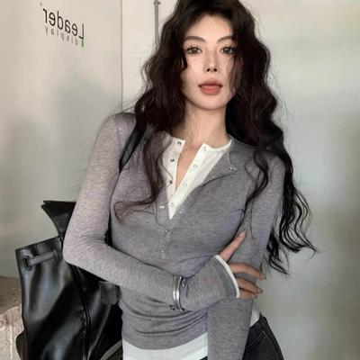 Spring Autumn Fake Two Pieces Slim Bottomed Tee Women Long Sleeve Casual All-match Pullover Top Bottons T-shirt