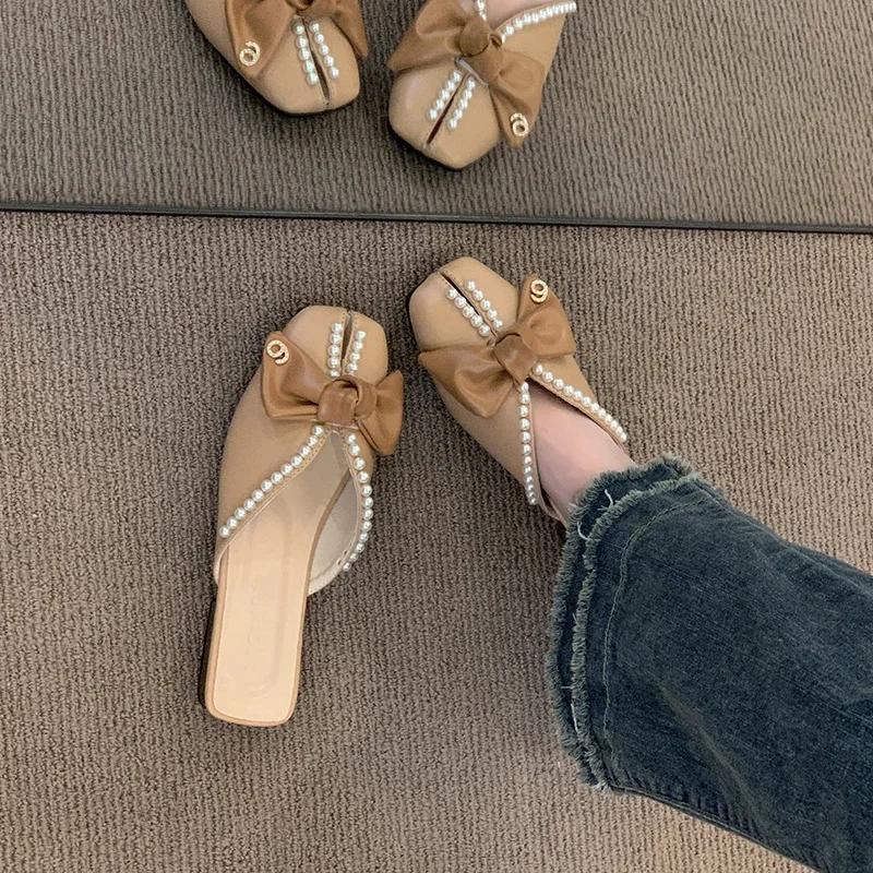 Fashion 2025Women's Fashion Slippers Bow Pearl Digital Metal Decoration Heel Wrap Shoes Leisure Sweet Flat Sole Zapatillas De Mujer