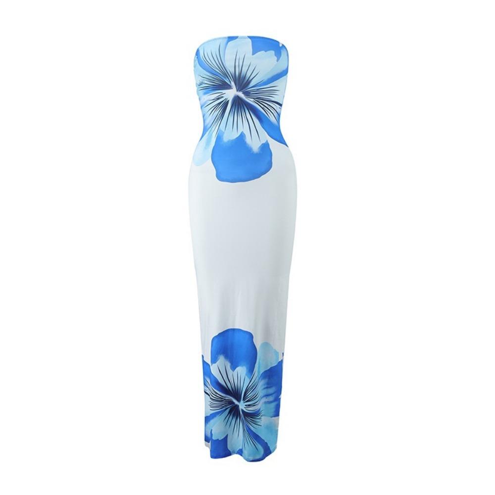 LYRIA Slim Blumenmuster Schulterfrei Ärmellos Rückenfrei Eleganz Kleid Damen Bodycon Lang Tube Top Kleid für Party Club