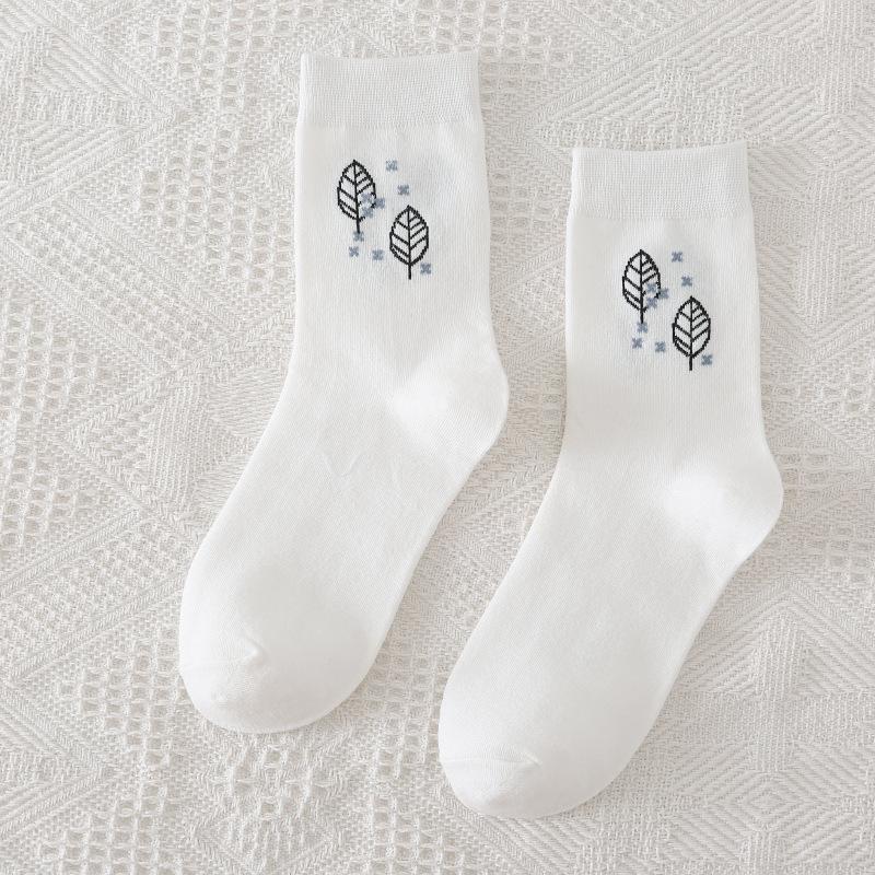 5/10 Pairs Comfortable Casual Spring Fall Socks for Women Mid Calf White Socks Cute Cartoon Student Long Socks Fresh Plant Cotton Socks