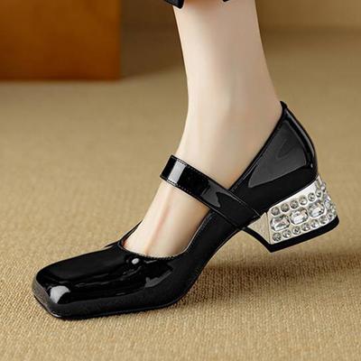 Schaffell Sommer Größe 41 Mittelhohe Absätze Kristall Schnalle Mary Janes Eckige Zehenpartie Diamantabsätze Gladiator Pumps