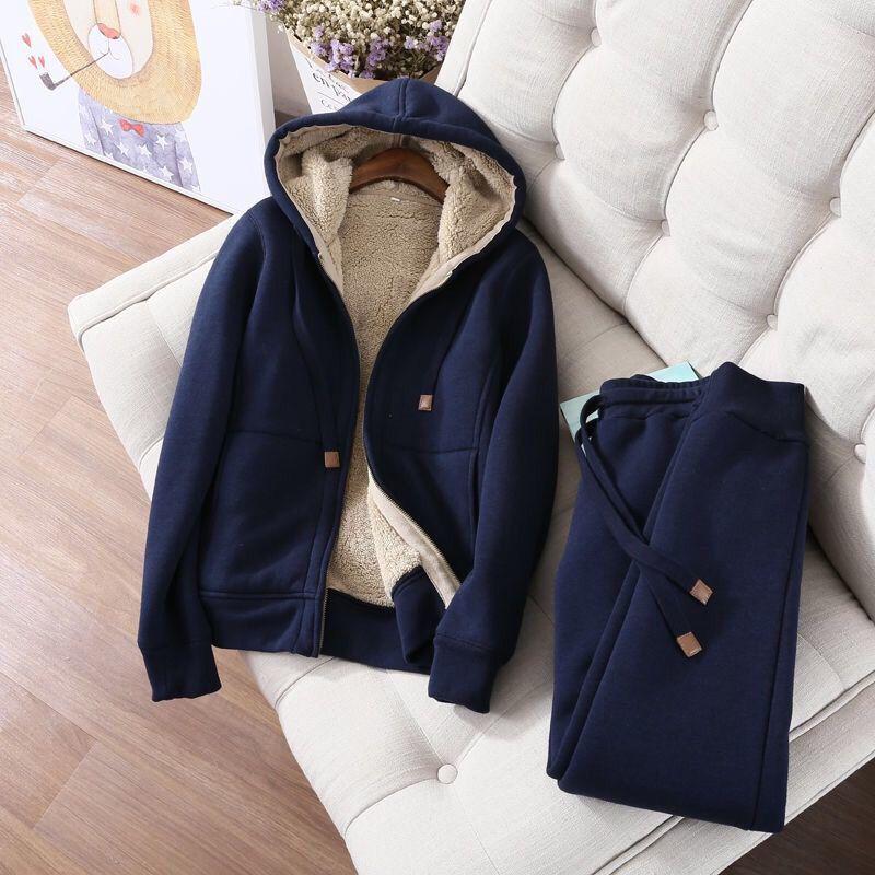 Plus Size Women's Fleece Lined Hooded Jacket & Sportswear Set - Autumn/Winter Korean Style