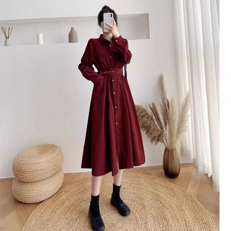 Campanula Print Slimming Over-the-Knee French Shirt Dress with Cinched Waist (Autumn/Winter)