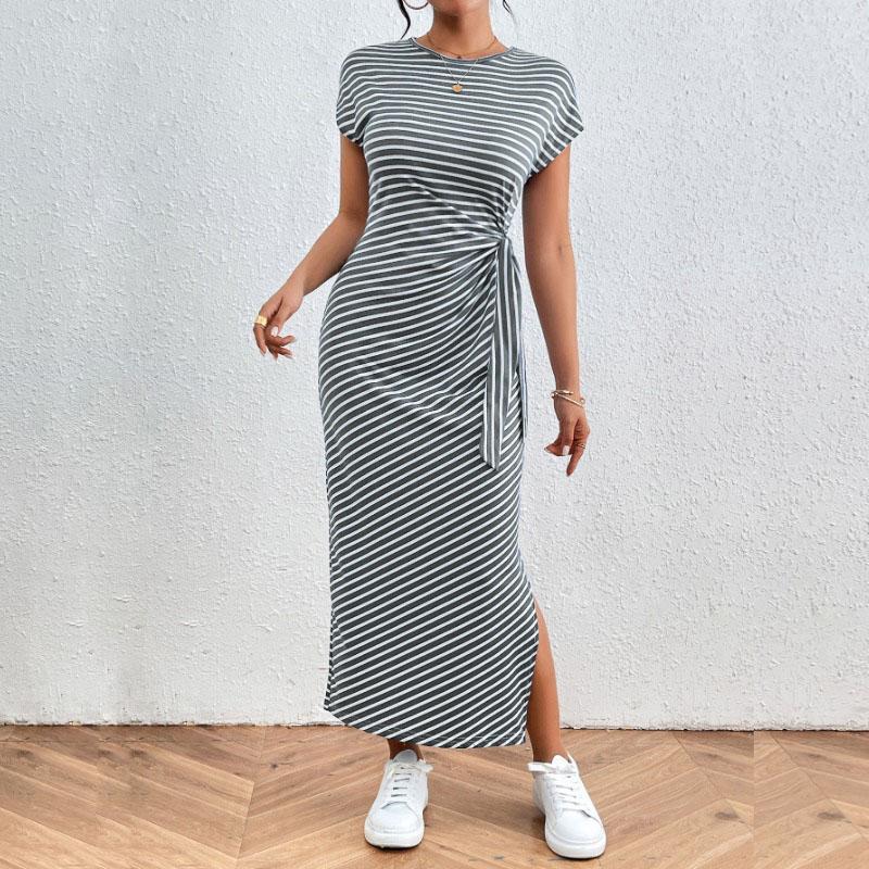Women's Fashion Summer Spring Stripe Print O-Neck Slim Casual Dresses