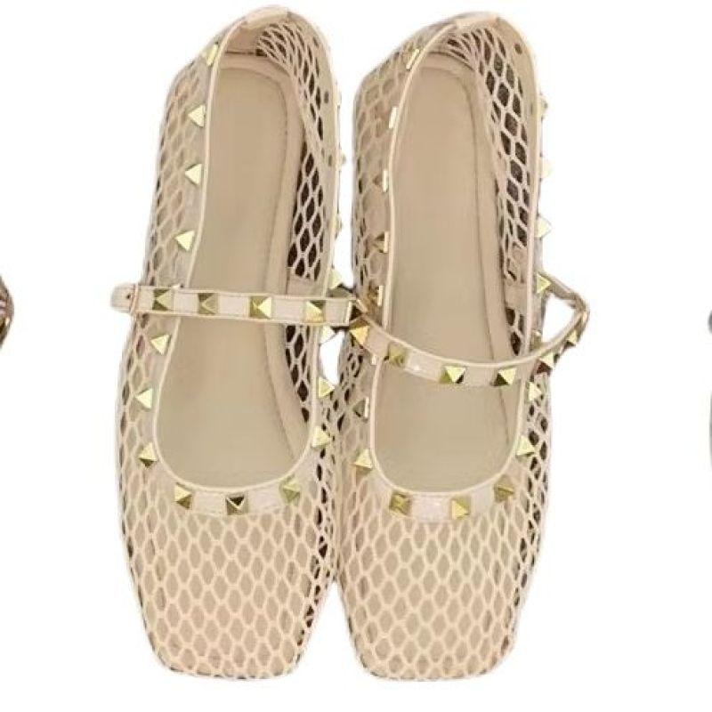 French Hollow Naked Apricot Gentle Rivet Temperament Sandals Summer Fairy Bohemian Vacation Mary Jane Single Shoes