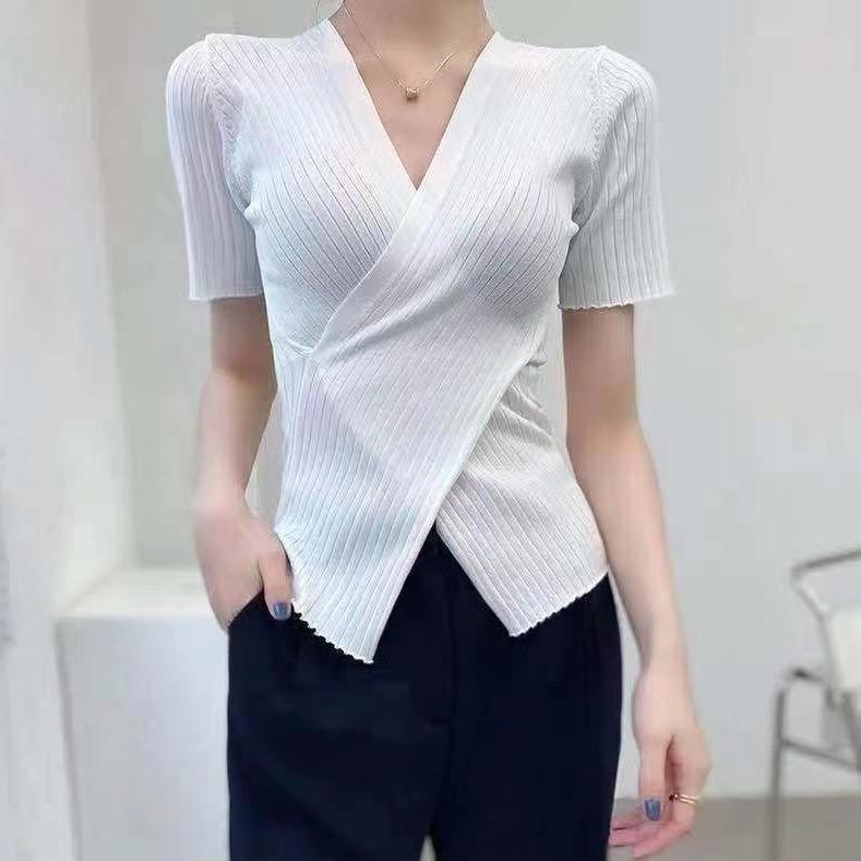 Irregular Cross Knit Short-sleeved Female Summer Bottoming V-neck Hundred Matching Solid Color Tops T-shirt Female Casual Slim Fit Pullovers Tees