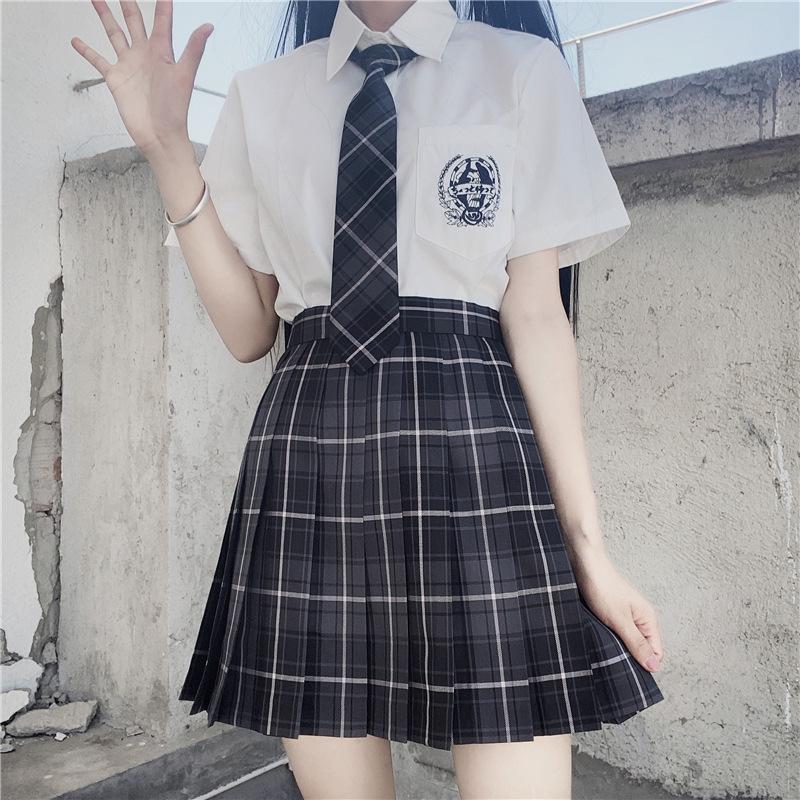 

Japanese JK Sailor Suit: Teen Spring/Summer Full Set with Embroidered Shirt & Pleated Grid Skirt L