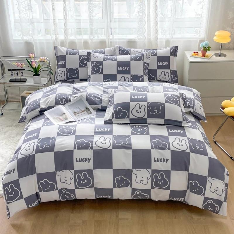 Comforter Cute Cartoon Panda Twin Queen 100% Cotton Kawaii Star Comforter 3 Pcs Soft Reversible Green Plaid Bedding Set