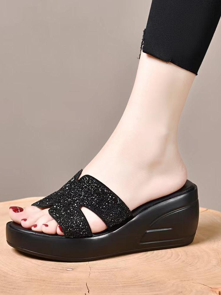 

Slope heel rhinestone cool slippers women s high heel soft leather Korean version thick bottom H half drag summer outer wear muffin bottom one-word d 35 чёрный