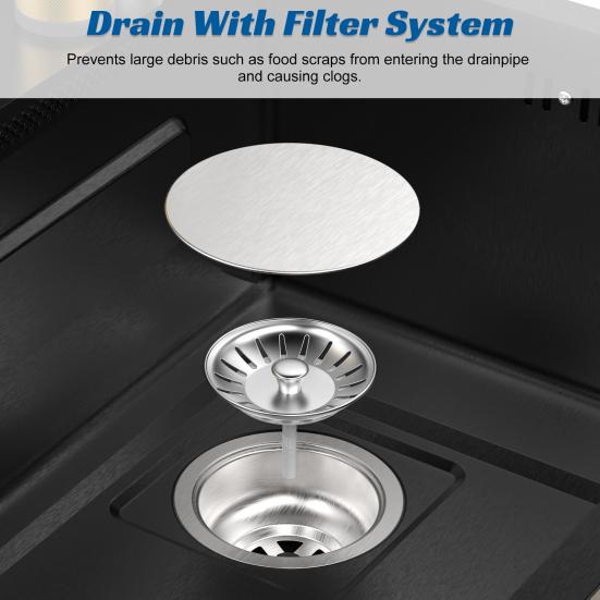 Drop in Single Bowl Bar Sink Black Waterfall Kitchen Sink, Stainless Steel with Cup Rinser, In/Undermount Farmhouse Workstation Multiple Accessories