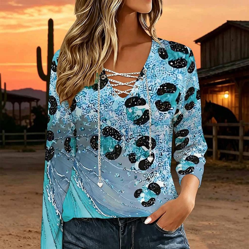Women Plus Size White Base Blue Leopard Print Lace Up V Neck Long Sleeve Casual Blouse