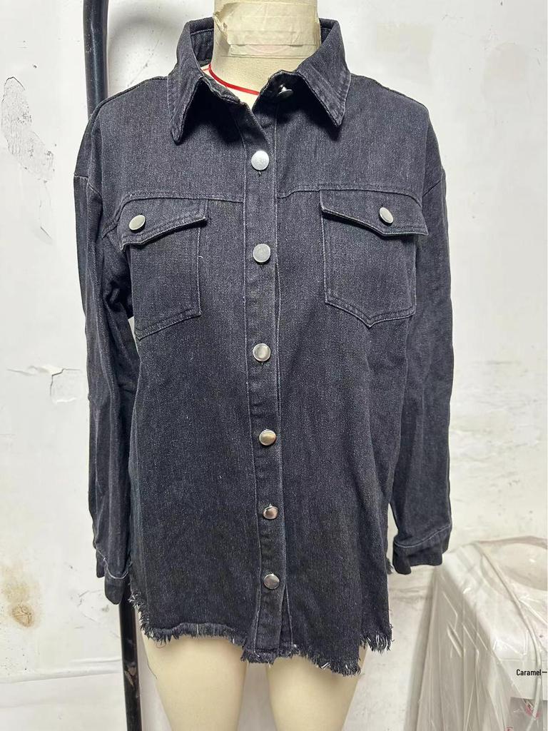 Women's Cross-Border Washed Denim Shirt Jacket - European & American Autumn/Winter Street Style with Frayed Hem