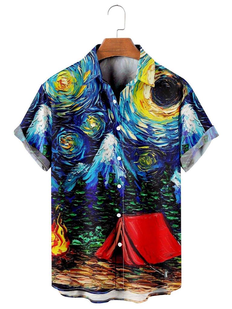 Summer Essential! Hawaiian Short Sleeve Shirt with Tropical Beach Landscape Print
