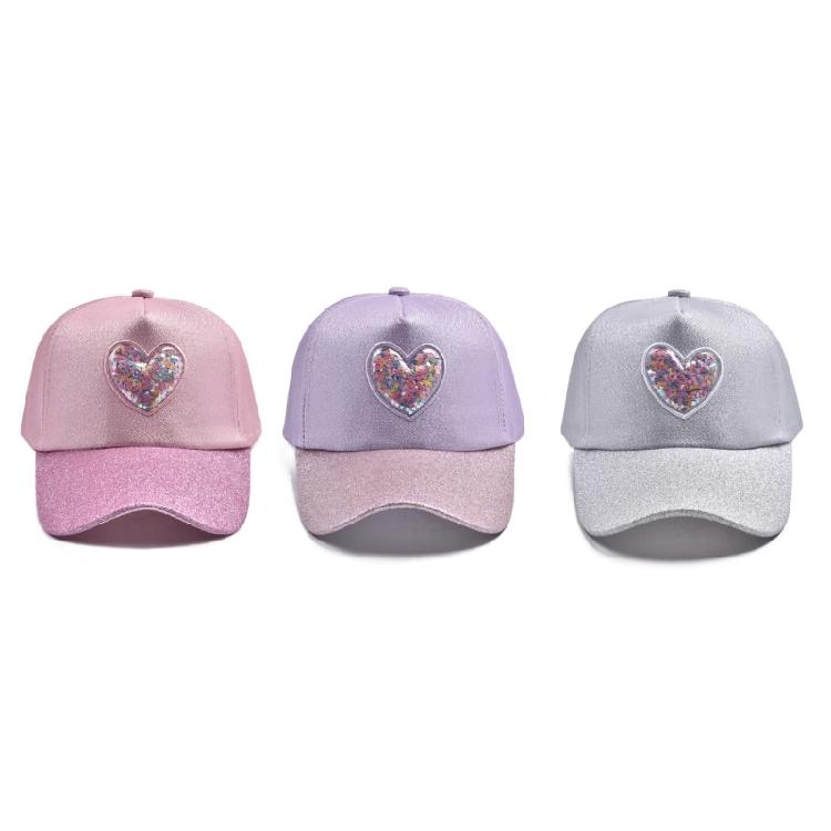 Cute Sparkles Heart Patterned Baseball Cap For Kids Soft Polyester Fabric Sun Hat With Comfortable Elastic Band