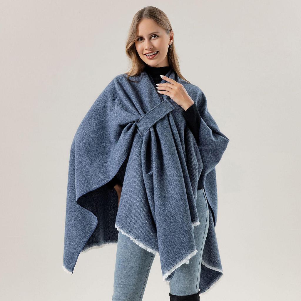 European & American Solid Color Imitation Cashmere Shawl Cape - Women's Autumn/Winter Warm Outerwear Scarf