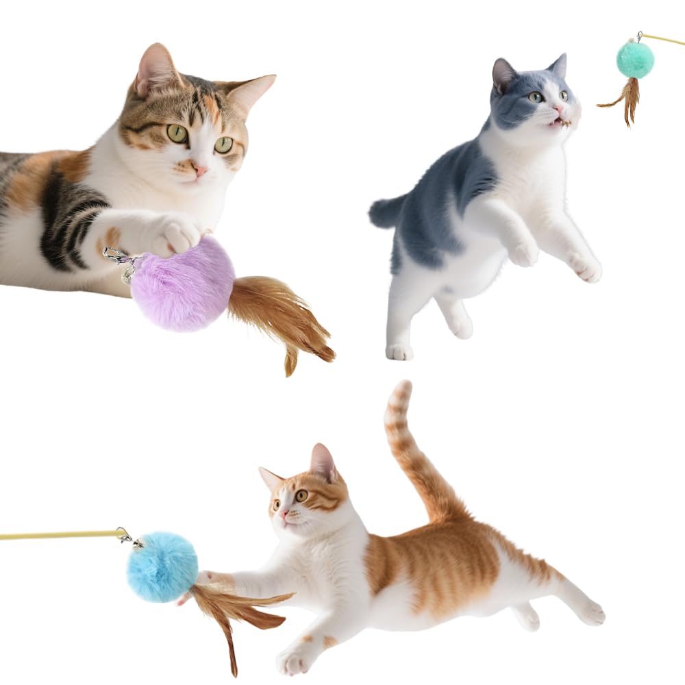 JIMIGUGU Cat Toy Ball, Cat Teaser with Interchangeable Heads, Fluffy Feather Type, Wear-Resistant and Durable, Quickly Eliminates Excess Cat Cat Toy