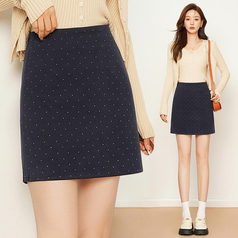 2025 Autumn/Winter High Waist Polka Dot Wool A-Line Skirt 27/M