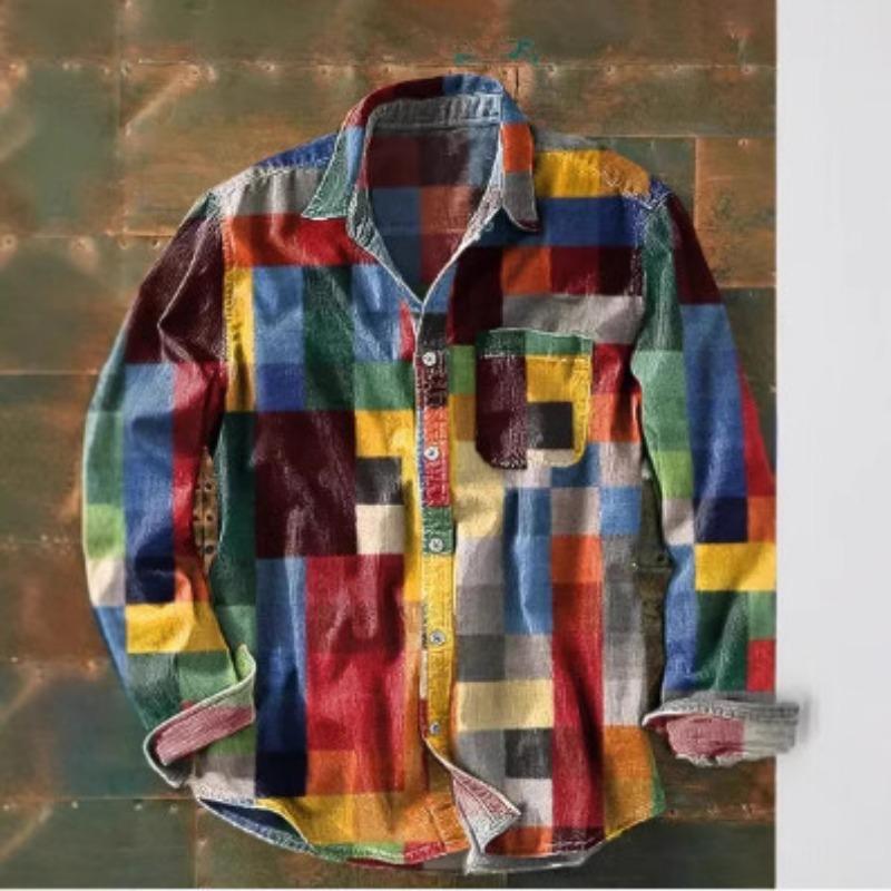 Vintage Colorblock Karomuster 3D-Druck Langarm Knopfhemd für Herren