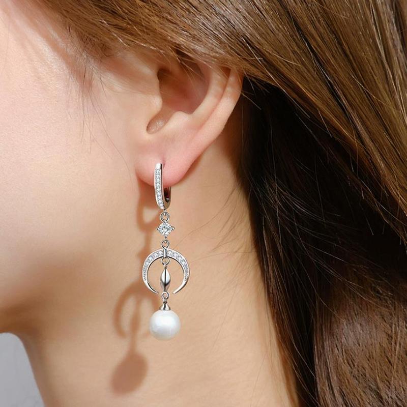 European and American Zircon Earrings Luxurious Shiny 925 Silver Crescent Moon Ear Buckle Women's Elegant Pearl Earring KOFSAC