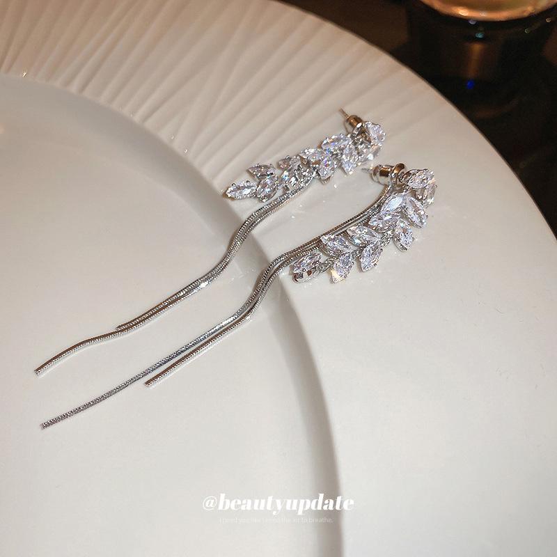Silver Needle Korean Zircon Wheat Tassel Stud Earrings: Elegant, High-End Fashion Accessories for Women.