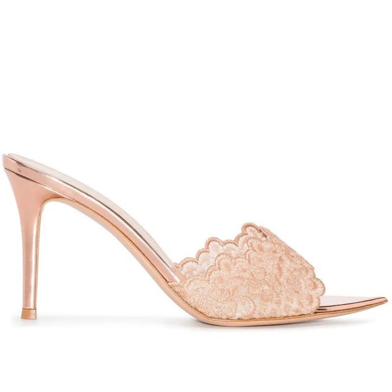 

New Lace Sandals Champagne Gold 8cm Slim Heel Pointed Open Toe Sandals 34-42 Fashion Outwear Slippers Summer High Heels Slippers 42