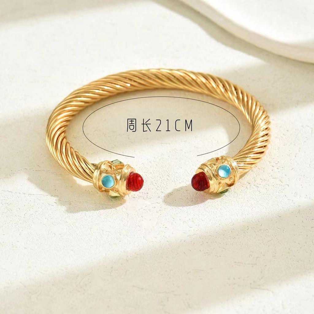 Cable Cuff Bracelets, Stainless Steel Twisted Wire Composite Bracelet Bangles, Adjustable Elegant Jewelry with Rhinestone for Women, Ladies Gift Idea