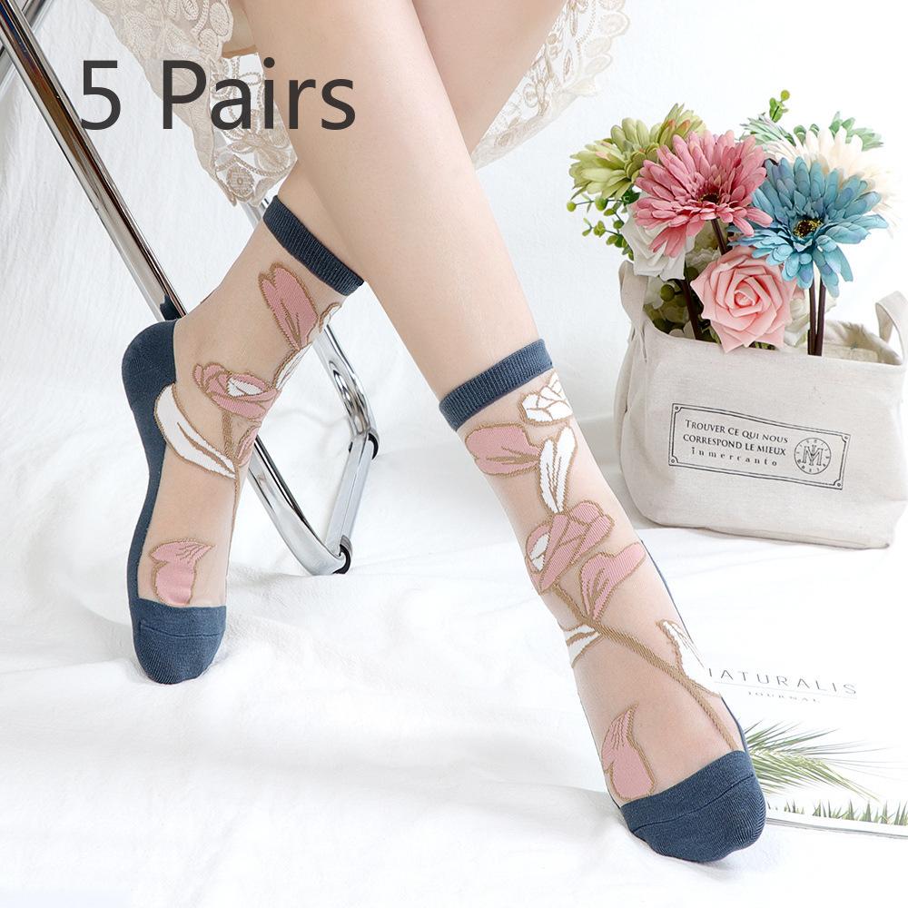 5 Pairs of Female Spring and Summer Cotton Bottom Lace Breathable Non Slip Transparent Sweat Absorbable Tube Socks