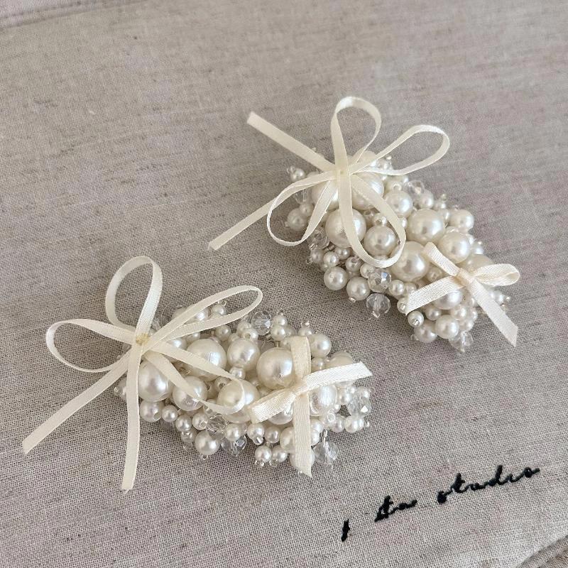 French Ballet Style Imitation Pearl Bow Ribbon Women Hairpin Sweet Simple Elegant Bangs Side Clip Headwear