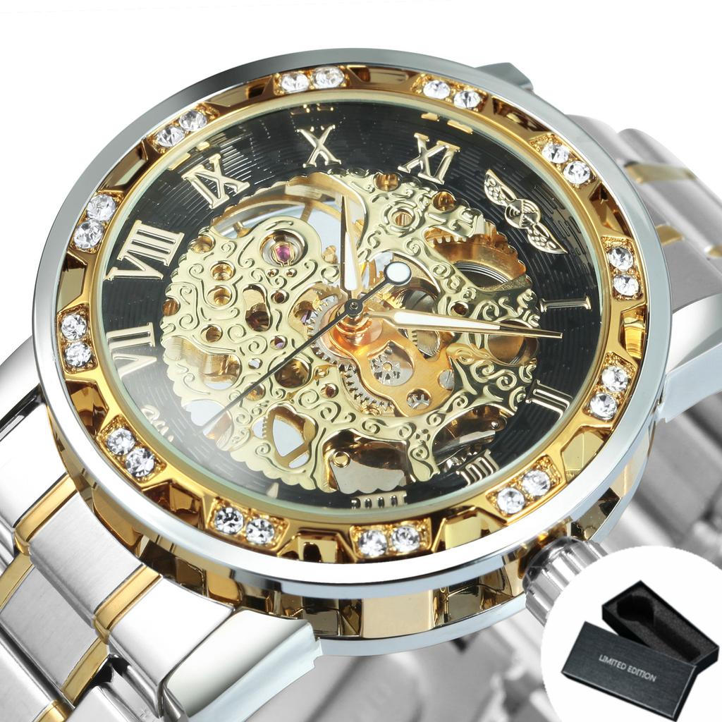 WINNER Retro Gold Mens Watches Top Brand Luxury Mechanical Watch for Men Stainless Steel Strap Business Skeleton Watch Luminous