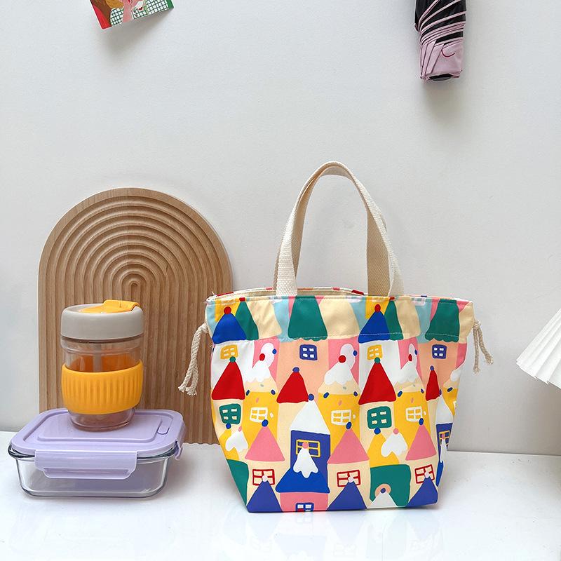 Cartoon Portable Lunch Drawstring Bag Student Kids Bento Pouch Dinner Box Women Work Canvas Food Tote For Travel Picnic