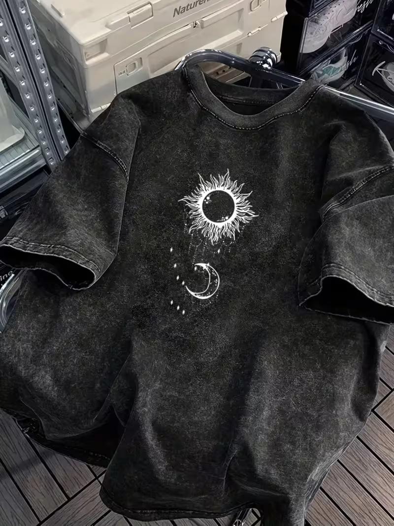 Vintage Washed Sun Moon Star Graphic TShirt for Men Women Casual Short Sleeve Crew Neck Oversized Mystical Celestial Tee S