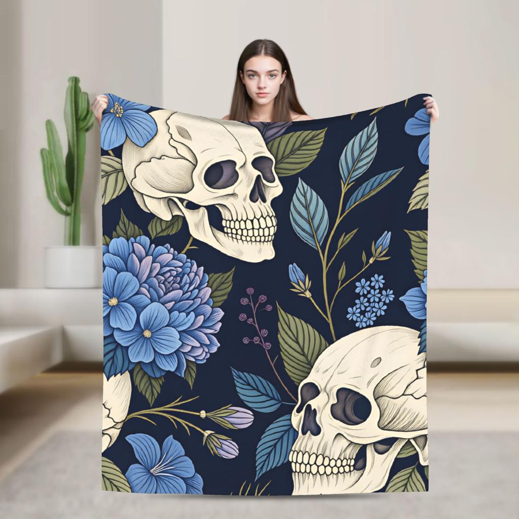 Skull Red Rose Butterfly Spiderweb Seamless Pattern Flannel Blanket Girls  Warm Soft Throw Blanket Winter Chair Bed Cover