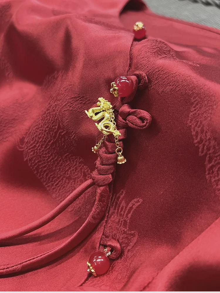 2024 Festive Red Chinese-Style Jacquard Dragon Top for Women