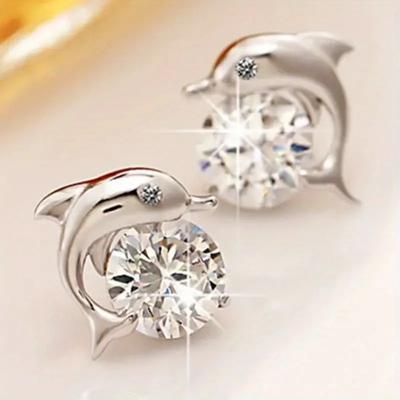 1pair Fashion Cute Imitation Crystal Dolphin Stud Earrings for Girls , Ideal Choice for Gifts