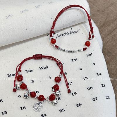 Pulseira de Contas de Ágata Vermelha Feita à Mão: Joias Zodíaco Estilo Bambu Retrô