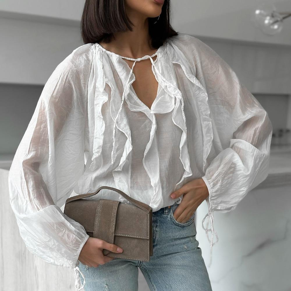 Autumn, French elegant sweet ruffle V-neck lace-up shirt European beautiful woman personality perspective top