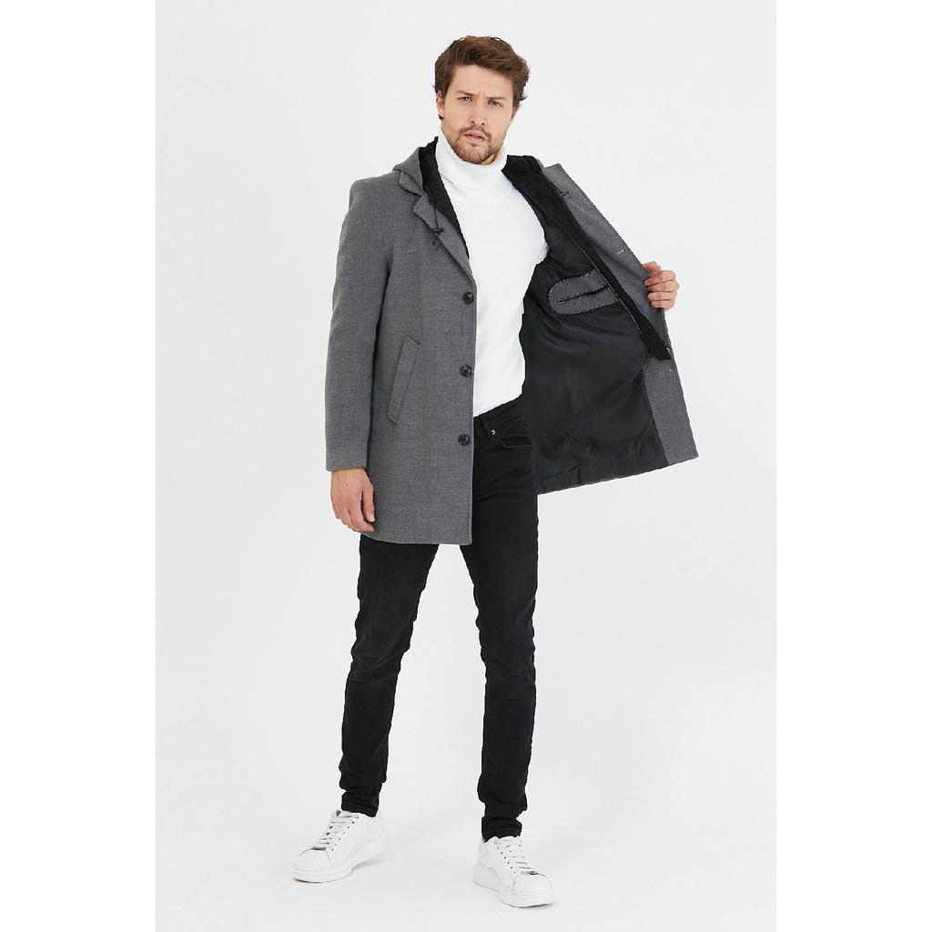 Schwarzer langer Herrenmantel aus Wollmischung und Kaschmir mit Kapuze, Reißverschluss und Knöpfen auf der Vorderseite