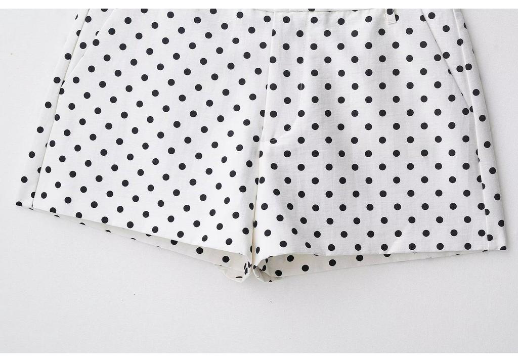 European American Women's Fashion Polka Dot Bubble Sleeve Jacket + Mini Shorts Set