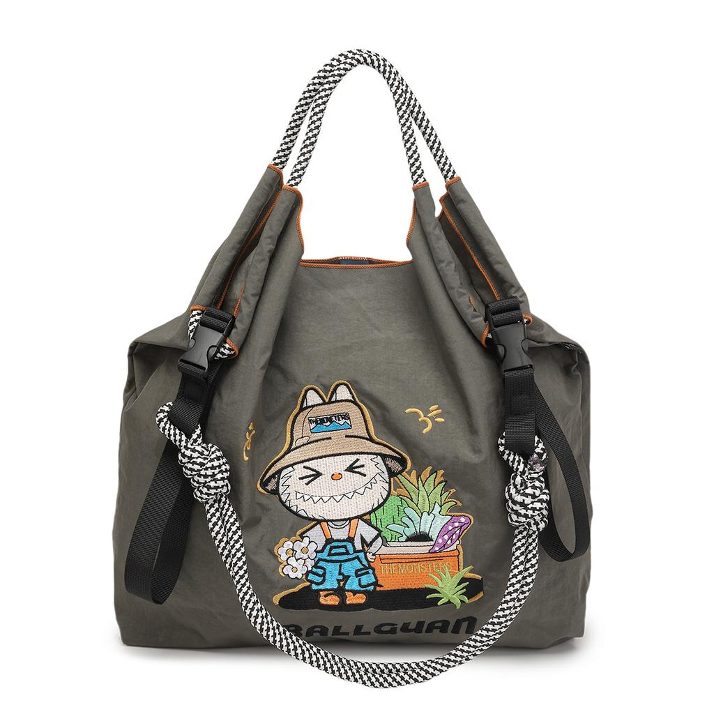 Summer new Japanese embroidered labubu cute shoulder crossbody bag tote bag nylon eco-friendly shopping bag women's bag KTY