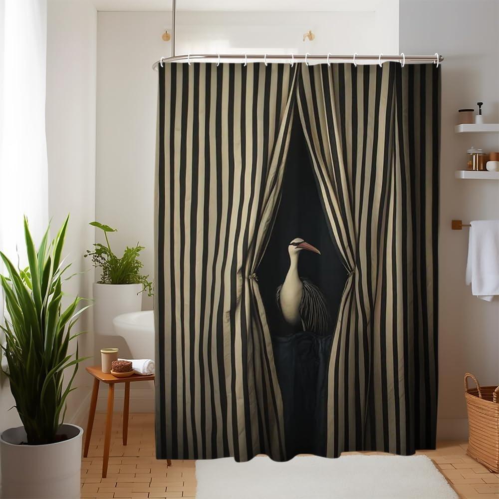 Tenda da Doccia Elegante a Strisce Bianche e Nere con Uccelli Opere d'Arte Divertenti di Animali per Bagno della Cameretta