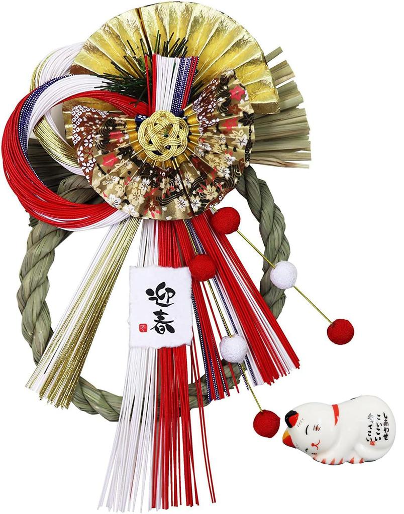 Osaka Choseido New Shimenawa Stylish Entrance Wreath with Approximately 22cm Includes Bonus Beckoning Cat Chopstick Rest and Gorgeous Dancing Fan